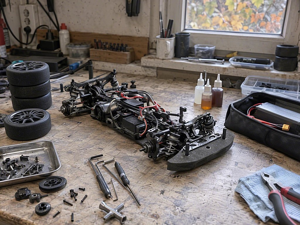 Zerlegtes RC-Car-Chassis mit Werkzeug, Reifen und LiPo-Akku auf einer Werkbank